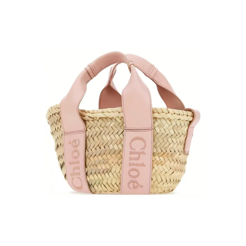 Chloe Raffia With Smooth Calfskin Shoulder Bag, Crossbody Bag, Handbag Small Size Women's Pink-1