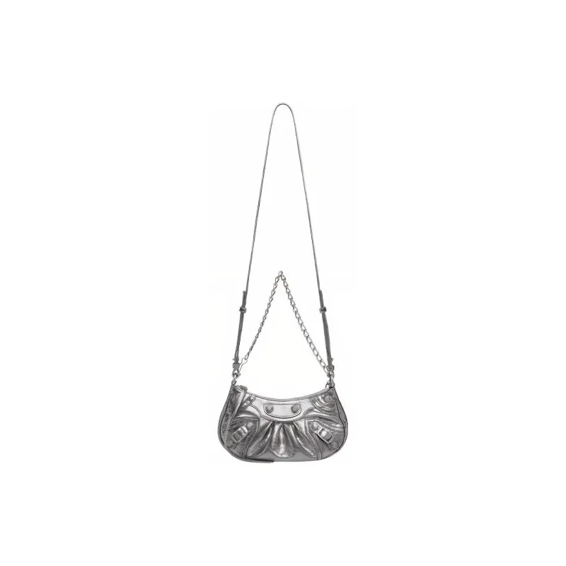 Balenciaga Cow Leather Biker Bag, Dumpling Bag, Crossbody Bag Mini Women's Silver-4