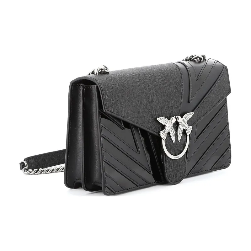 PINKO Patent Leather Patchwork Cow Leather Swallow Bag, Crossbody Bag Medium Size Women's Black-4