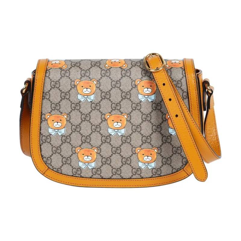 GUCCI Ophidia Webbing Canvas With Leather Saddle Bag, Crossbody Bag, Shoulder Bag Trumpets Women's Brown & Orange-3