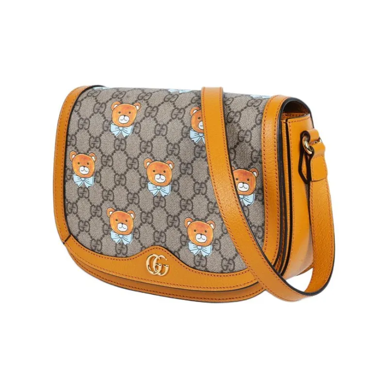 GUCCI Ophidia Webbing Canvas With Leather Saddle Bag, Crossbody Bag, Shoulder Bag Trumpets Women's Brown & Orange-1