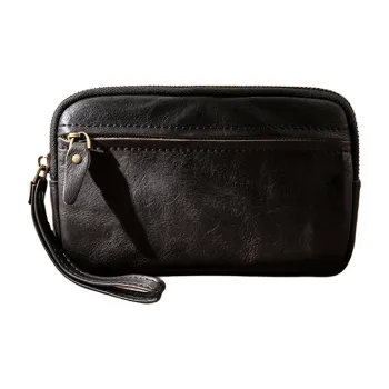 Back Step Top Grain Cow Leather Wallets Clutches Unisex Black