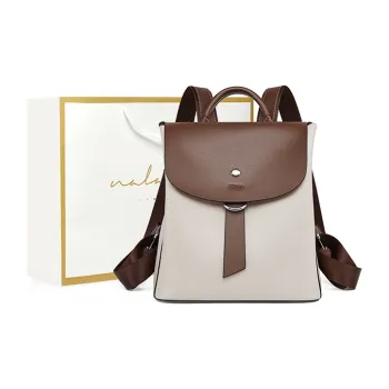 Narandu Cow Leather Patchwork Synthetic Leather Backpack Large Size Women's White & Brown