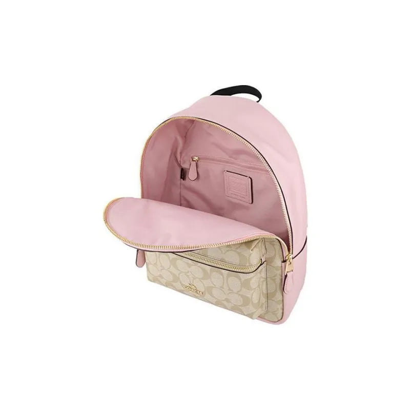 COACH Charlie Canvas With Leather Backpack Medium Size Women's Cherry Blossom Pink With Light Khaki Accents-4