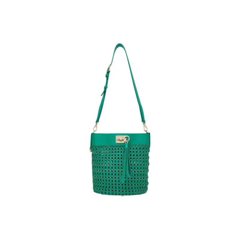FERRAGAMO Studio Calfskin With Raffia Bucket Bags Crossbody Bag Shoulder Bag Women's Emerald-0
