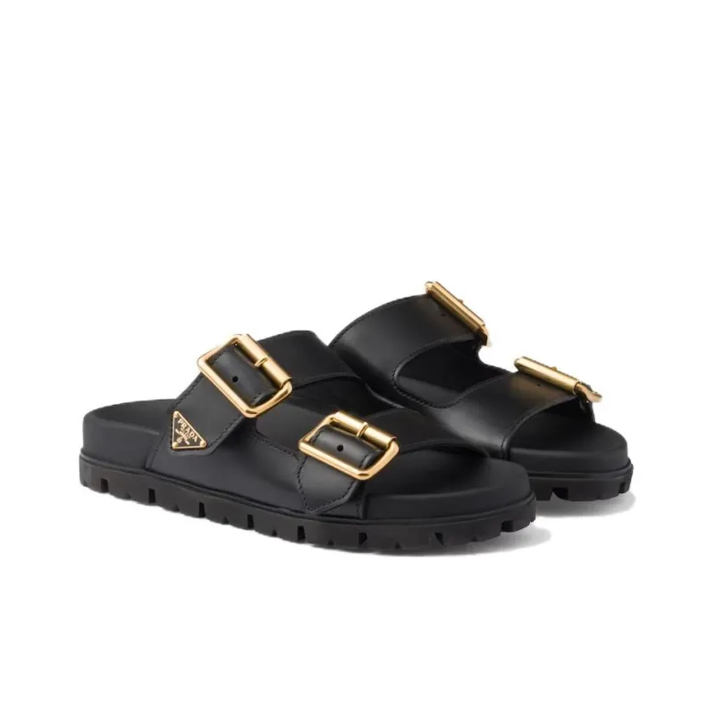 PRADA Triangle-logo Leather Slides-2
