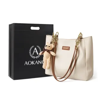 AOKANG Cow Leather Tote Bag, Schooling Bag, Shoulder Bag, Handbag Large Size Women's Brown/Blue