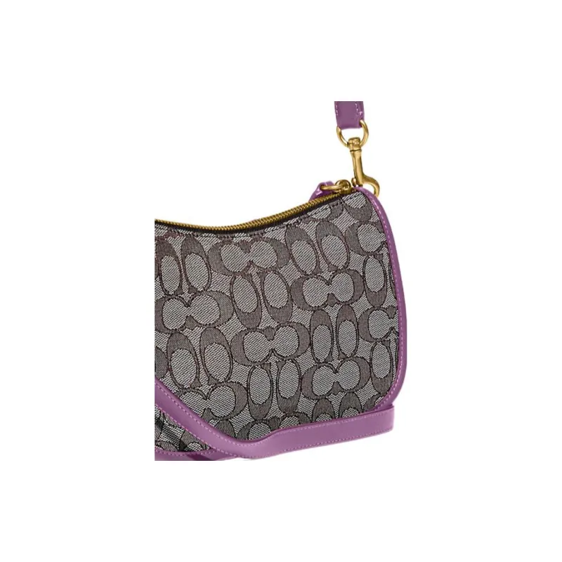 COACH Swinger Jacquard Gloves Tanned Leather Shoulder Bag Crossbody Bag Handbag Medium Size Women's Gray & Purple-3