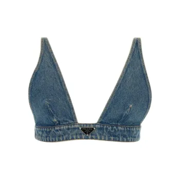 PRADA Plunging V Neck Denim Cropped Top