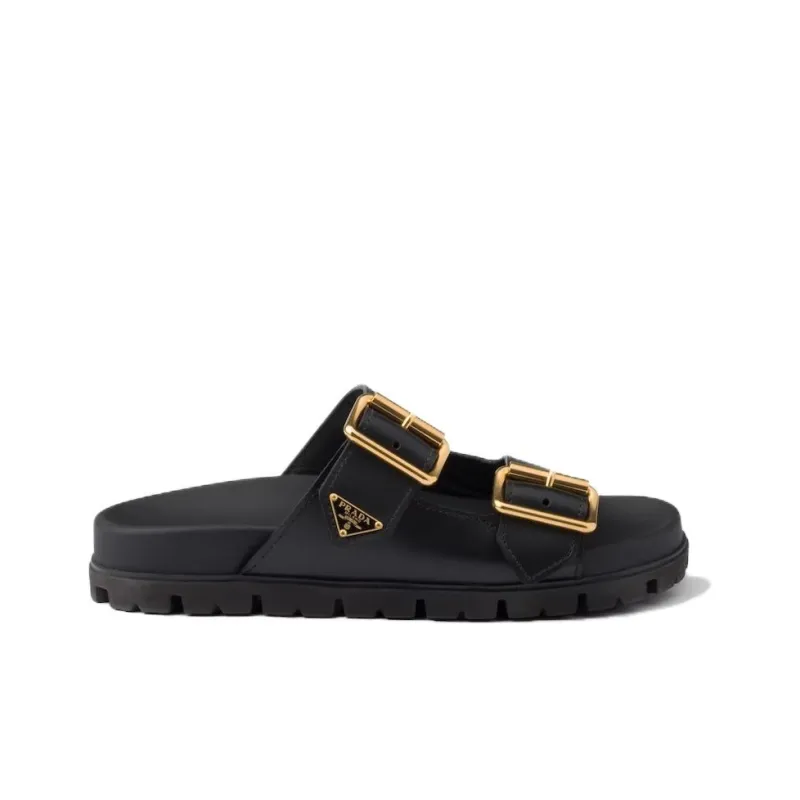 PRADA Triangle-logo Leather Slides-1