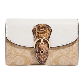 COACH Pebbled Snakeskin Print Leather With Canvas Accents Clutches Wallets Women's Ivory Khaki