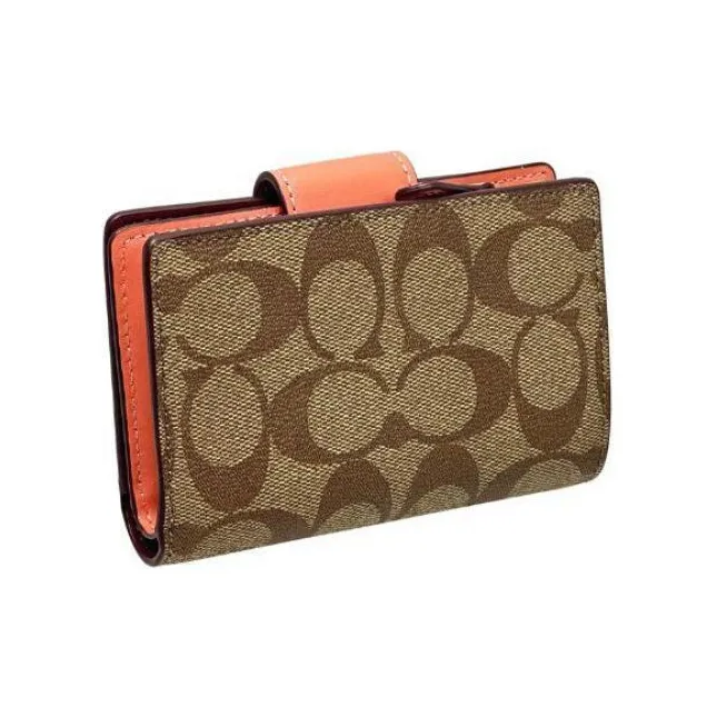 COACH Corner Zip Canvas With Leather Wallet Women's Khaki With Light Coral-1