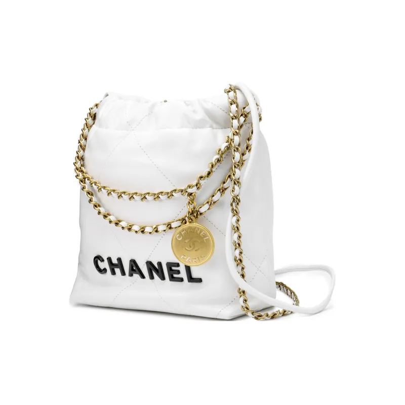 CHANEL 22Bag Shiny Calfskin Bucket Bag, Shoulder Bag, Crossbody Bag Mini Women's White-1