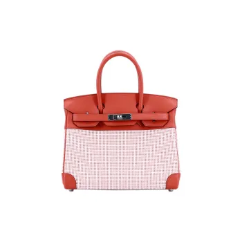 HERMES Birkin Toile Quadrille Canvas With Sanguine Swift Leather Handbag Women's Blood Red & White & Fuchsia