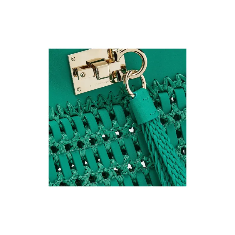 FERRAGAMO Studio Calfskin With Raffia Bucket Bags Crossbody Bag Shoulder Bag Women's Emerald-4