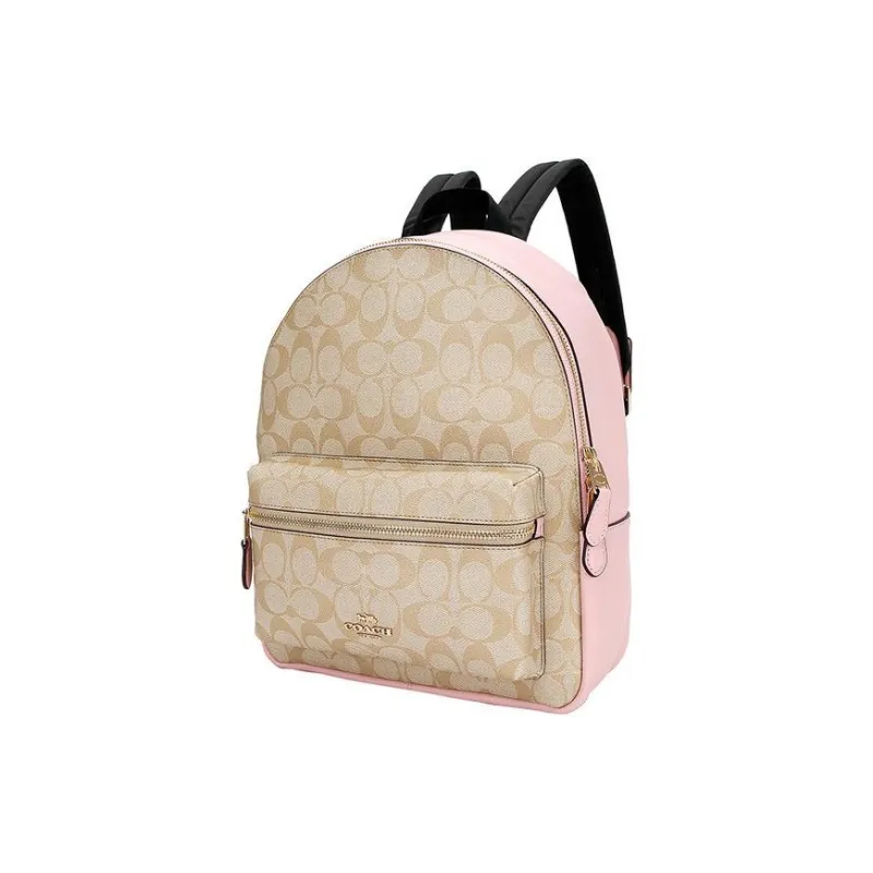 COACH Charlie Canvas With Leather Backpack Medium Size Women's Cherry Blossom Pink With Light Khaki Accents-2