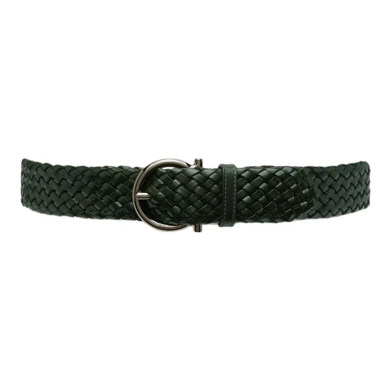 FERRAGAMO Woven Detail Leather Belts Men's Green Width 3.5CM-1