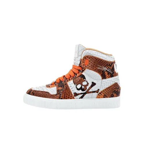 PHILIPP PLEIN Hi-Top Skateboard Shoes Unisex High-Top White/Orange