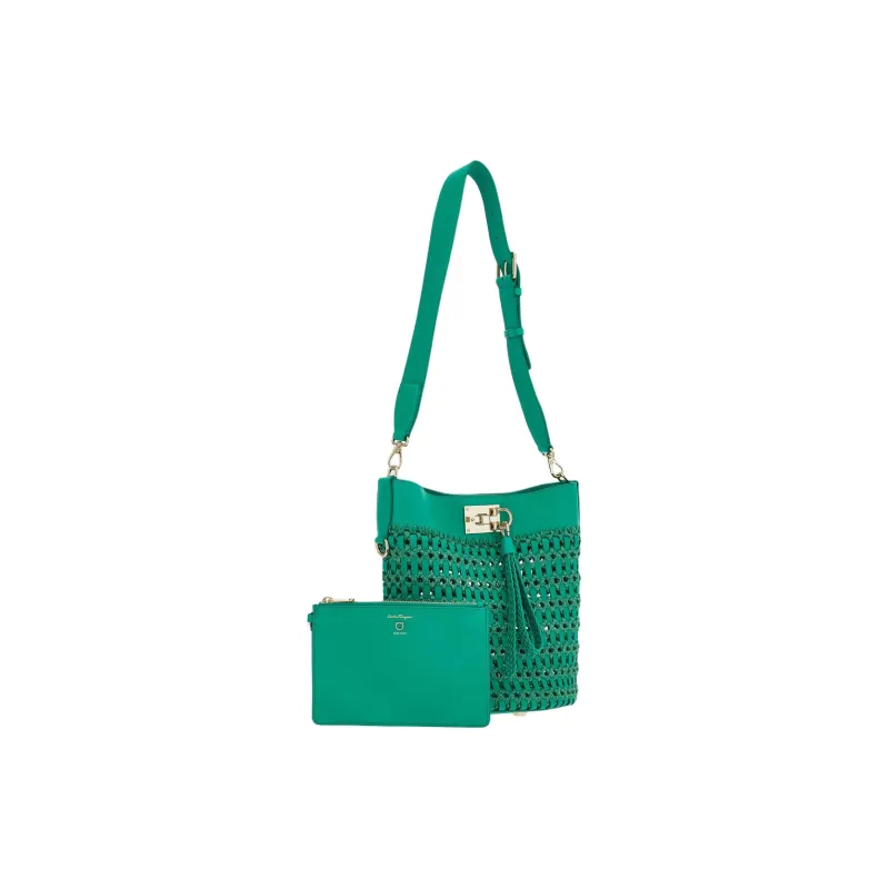FERRAGAMO Studio Calfskin With Raffia Bucket Bags Crossbody Bag Shoulder Bag Women's Emerald-1