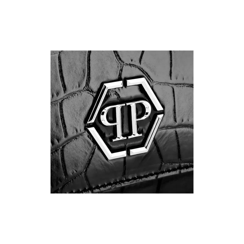PHILIPP PLEIN Crocodile Pattern Leather Handheld Crossbody Bag Shoulder Bag Medium Size Women's Black-3