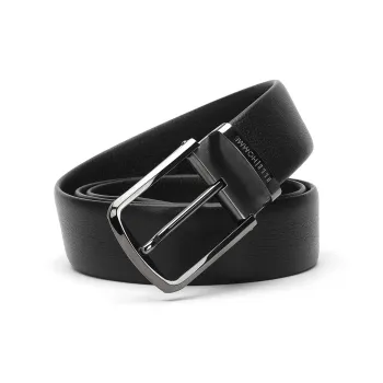 ELLE HOMME Brushed Steel Buckle, Casual Top Grain Cow Leather Belt Men's Black Width 3.7CM