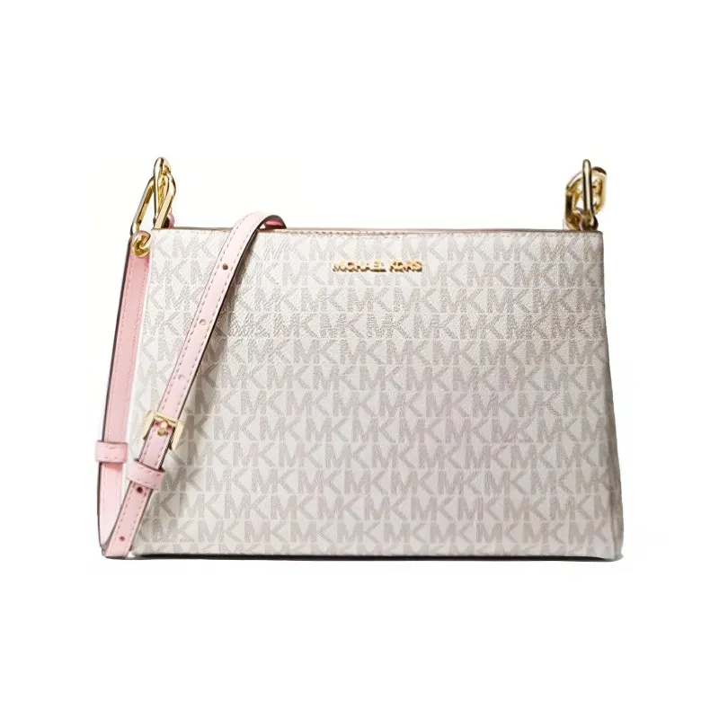 MICHAEL KORS Canvas Shoulder Bag, Crossbody Bag Medium Size Women's Vanilla White & Pink-0