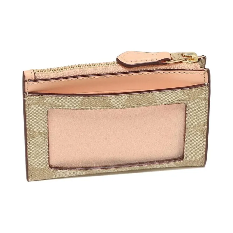 COACH Mini Id Skinny Canvas With Leather Card Holder Mini Women's Light Khaki With Light Blush Pink-3