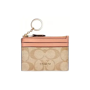 COACH Mini Id Skinny Canvas With Leather Card Holder Mini Women's Light Khaki With Light Blush Pink