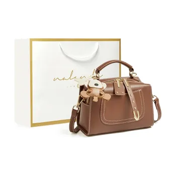 Narandu Cow Leather Patchwork Synthetic Leather Boston Bag Handbag Shoulder Bag Crossbody Bag Small Size Women's Coffee