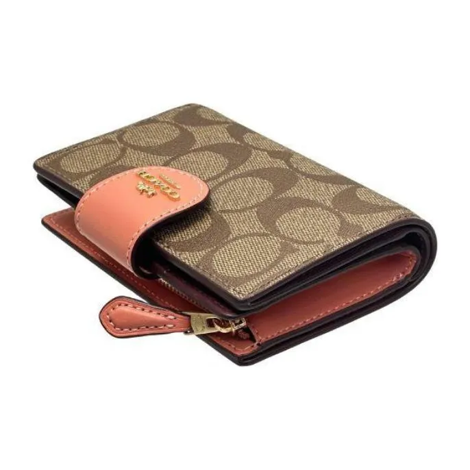 COACH Corner Zip Canvas With Leather Wallet Women's Khaki With Light Coral-2