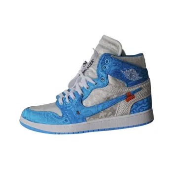 OFF-WHITE x Jordan Air Jordan 1 Abrasion-Resistant High-Top Vintage Basketball Shoes Men's Blue White