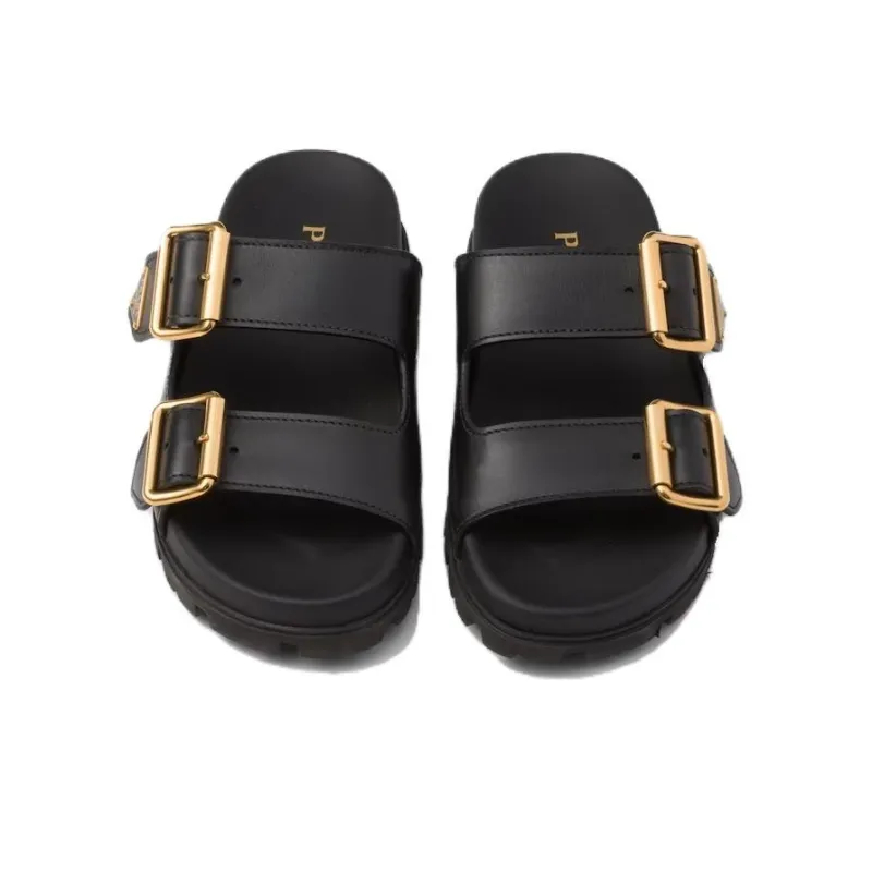 PRADA Triangle-logo Leather Slides-4