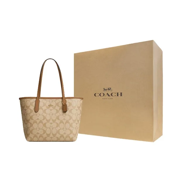 COACH City Coated Canvas Tote Bag, Shopping Bag, Shoulder Bag Trumpets Women's Light Khaki & Light Saddle-5