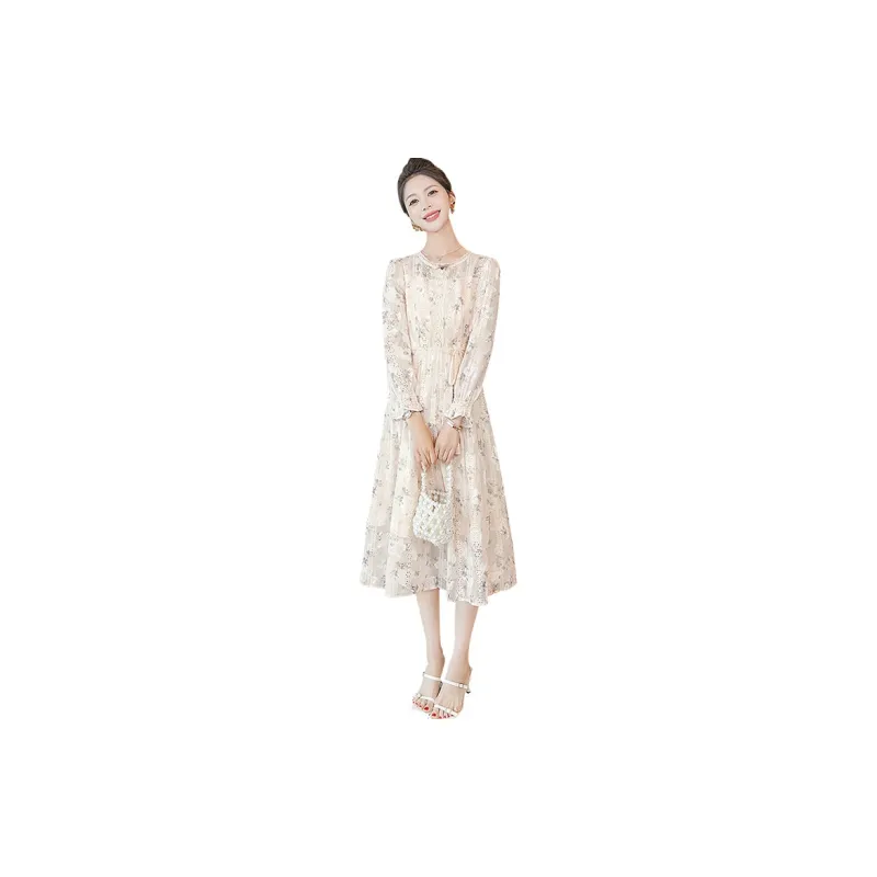 Cypress House Long Sleeved Dress Women's Apricot With Floral Print-1