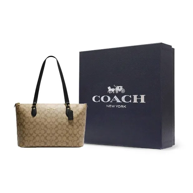 COACH Gallery Canvas Tote Bag, Shopping Bag, Handbag, Shoulder Bag Women's Black & Khaki-7
