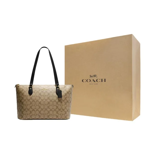 COACH Gallery Canvas Tote Bag, Shopping Bag, Handbag, Shoulder Bag Women's Black & Khaki-5