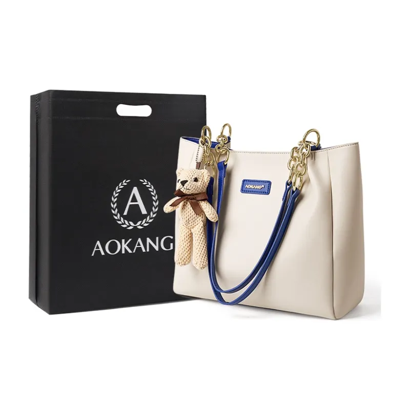 AOKANG Cow Leather Tote Bag, Schooling Bag, Shoulder Bag, Handbag Large Size Women's Brown/Blue-0