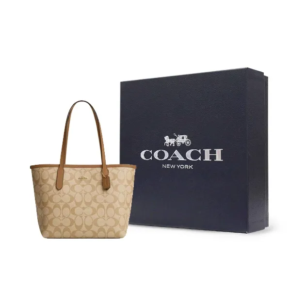 COACH City Coated Canvas Tote Bag, Shopping Bag, Shoulder Bag Trumpets Women's Light Khaki & Light Saddle-7