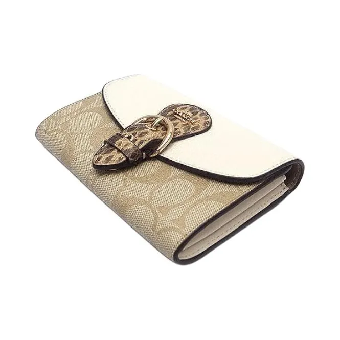 COACH Pebbled Snakeskin Print Leather With Canvas Accents Clutches Wallets Women's Ivory Khaki-2