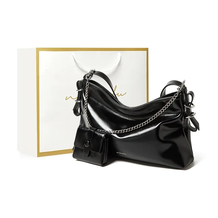 Narandu Synthetic Leather Tote Shoulder Bag Crossbody Bag Large Size Women's Midnight Black/Silver-0