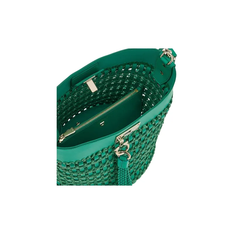 FERRAGAMO Studio Calfskin With Raffia Bucket Bags Crossbody Bag Shoulder Bag Women's Emerald-6