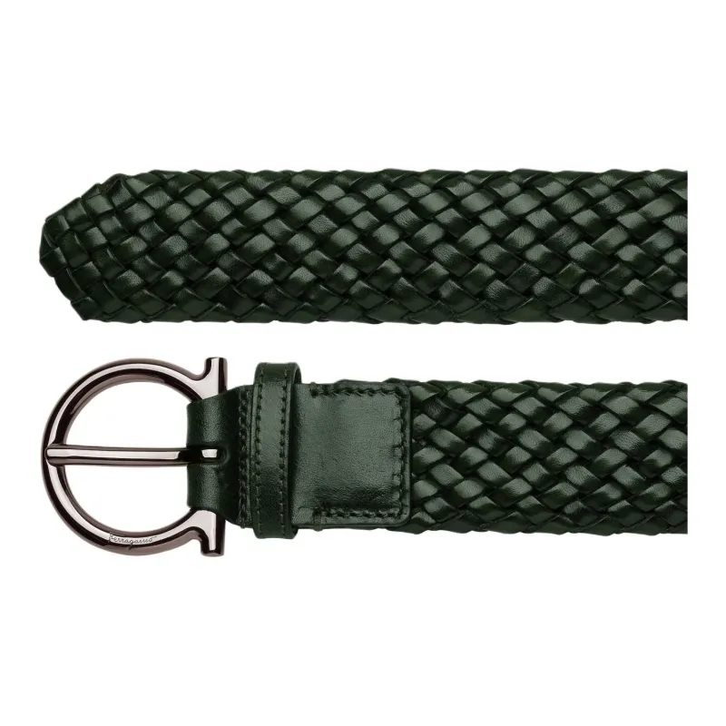 FERRAGAMO Woven Detail Leather Belts Men's Green Width 3.5CM-2