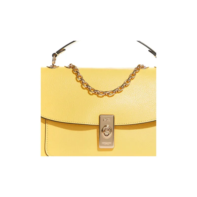 COACH Pebbled Leather Portable Crossbody Bag Shoulder Bag Large Size Women's Cream Yellow With Gold Zip Closure-3