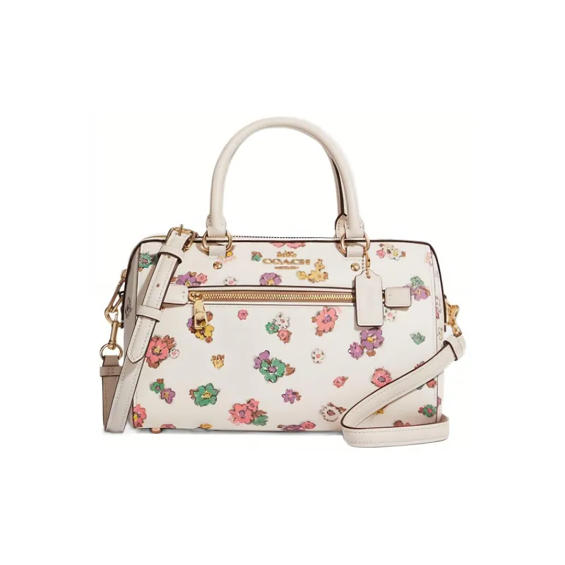 COACH Rowan Leather Boston Bag, Shoulder Bag, Crossbody Bag Medium Size Women's Chalk White-0