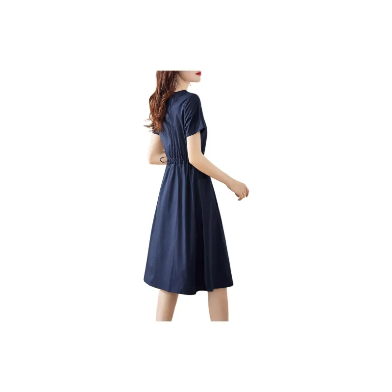 Still Quiet Short Sleeved Dress Women's Navy Blue-1