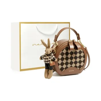 Narandu Fabric With Synthetic Leather Small Round Bag Crossbody Bag One Shoulder Handbag Medium Size Women's Coffee