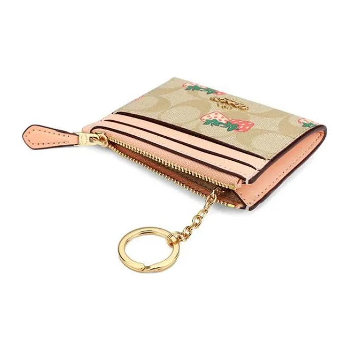 COACH Mini Id Skinny Coated Canvas With Leather Document Holder Coin Purse Card Holder Women's Khaki & Pink-3
