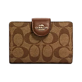 COACH Corner Zip Canvas With Leather Clutches Wallets Medium Size Women's Brown