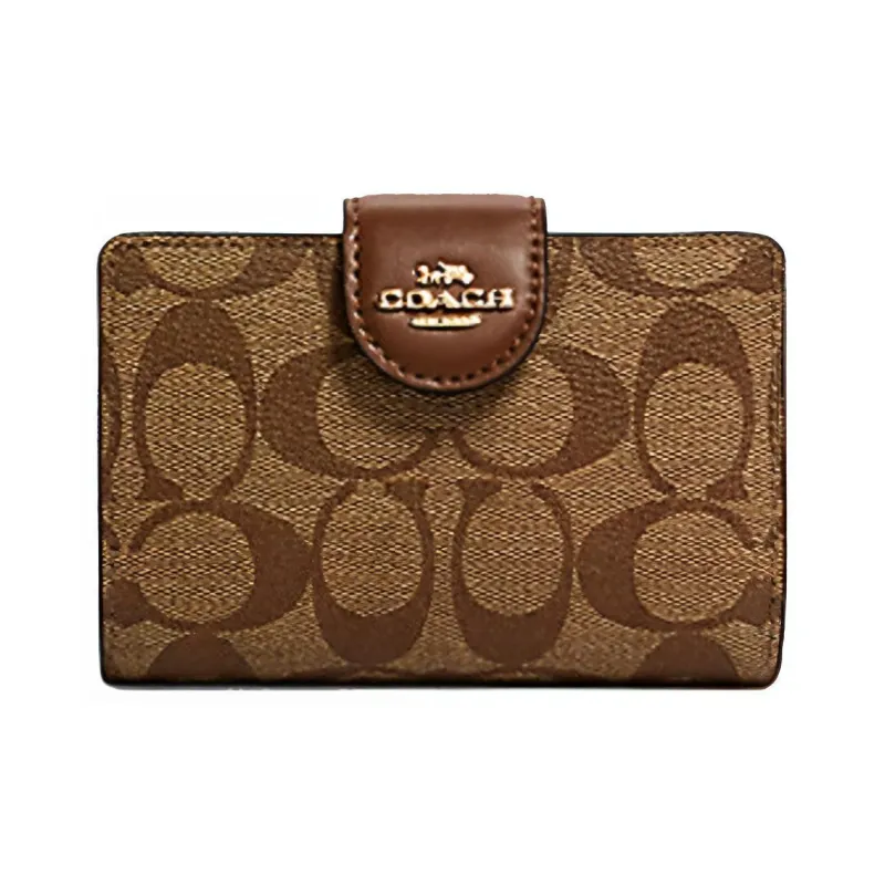 COACH Corner Zip Canvas With Leather Clutches Wallets Medium Size Women's Brown-0