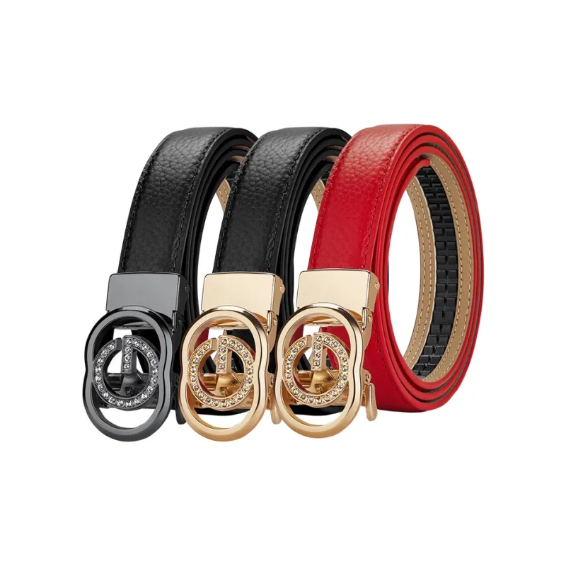 WilliamPOLO Top Grain Cow Leather Leather Belts Women's Gold Buckle Red Strap 3CM Width-3